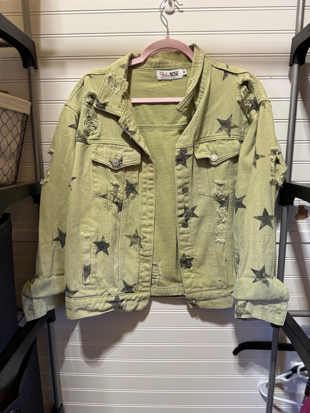 Julia Rose Green Distressed Denim Jacket w/Black Stars Size M